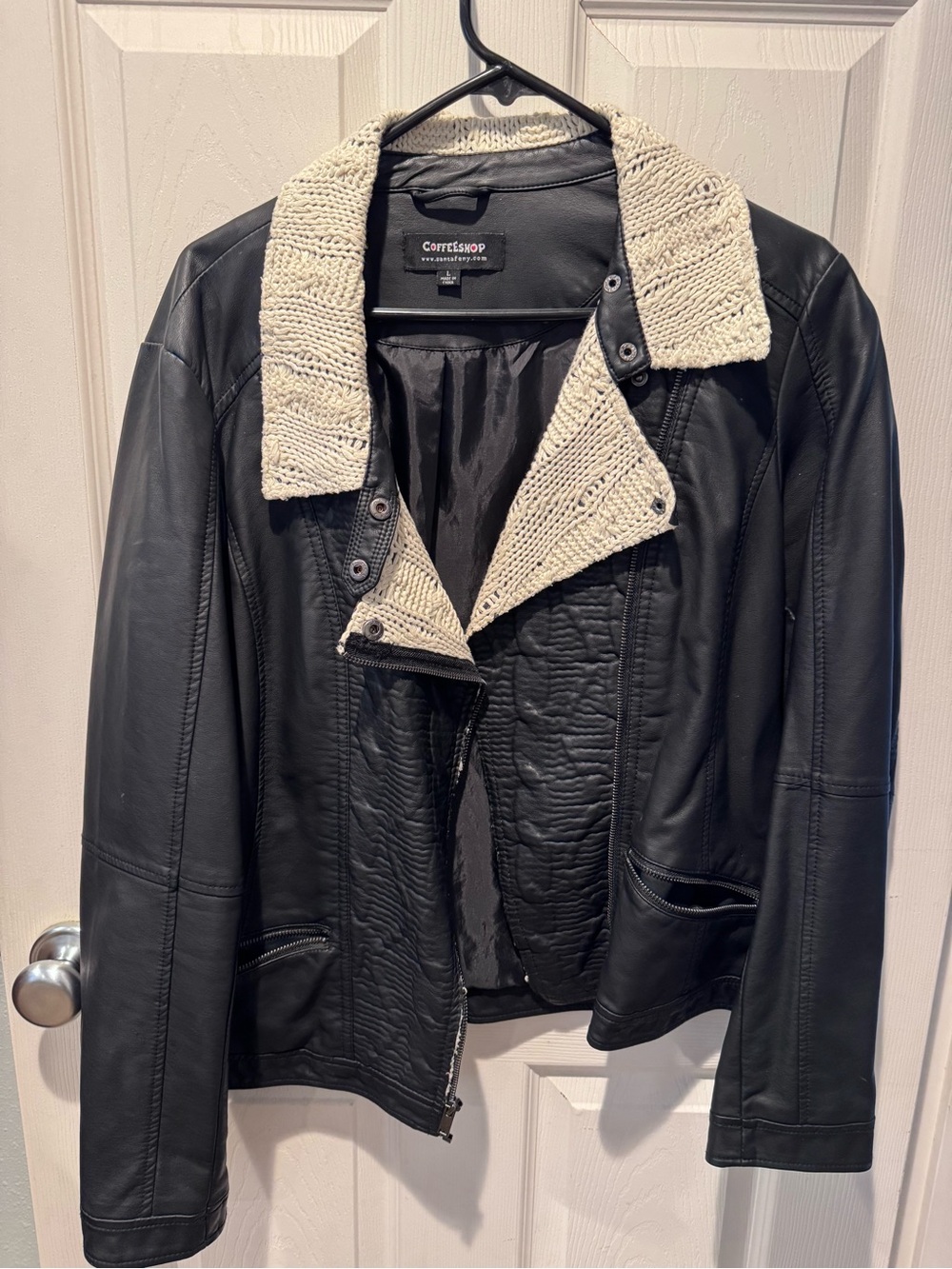 CoffeeShop Black Leather Jacket with Cream Knit Collar Accent